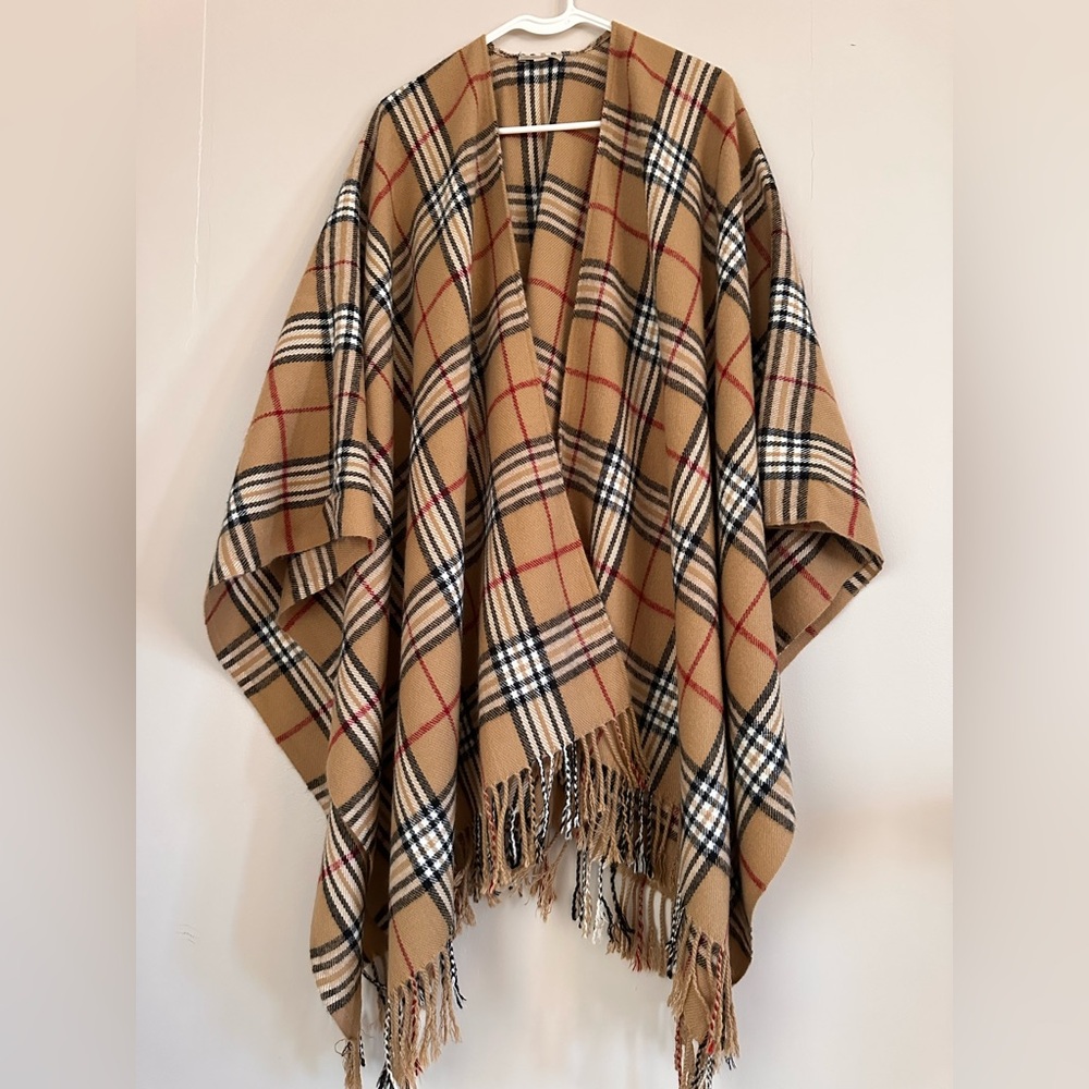 BURBERRY BRIT Wool Cape Designer Plaid Fringed Poncho
